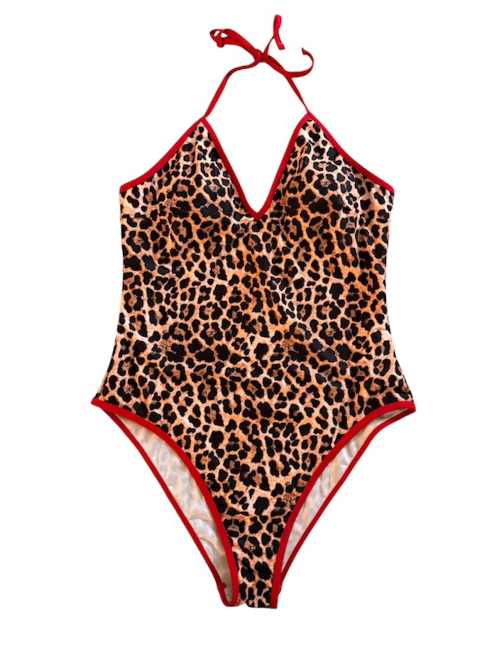 Leopard Print One-Piece Swimsuit with Red Trim